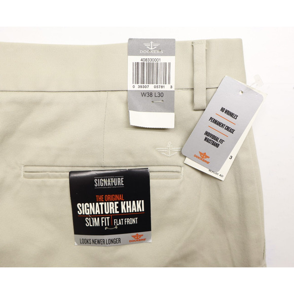 Dockers Men’s Signature Khaki Slim Fit Flex Flat Front Tan Khaki Sz 38X29 NEW - Picture 11 of 13